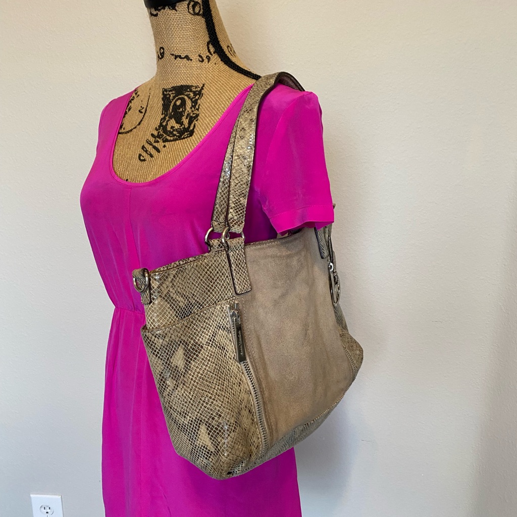 Michael Kors Sued And Snake Skin Silver Hardware Shoulder Bag